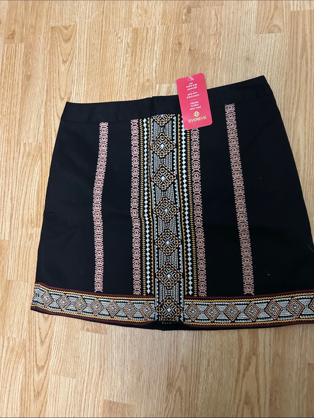 Evereve Black Mini Skirt with Multicolor Embroidered Trim